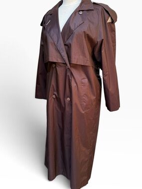 Vintage British Mist Brown Shiny Full Length Trench Rain Coat Size 8 With Liner